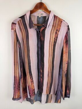 Go by GoSilk Striped Sheer Washable Silk Button-Up Tunic Blouse size Large